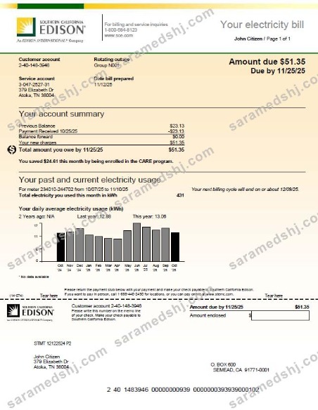 USA Southern California Edison utility bill template in Word and PDF formats, version 3
